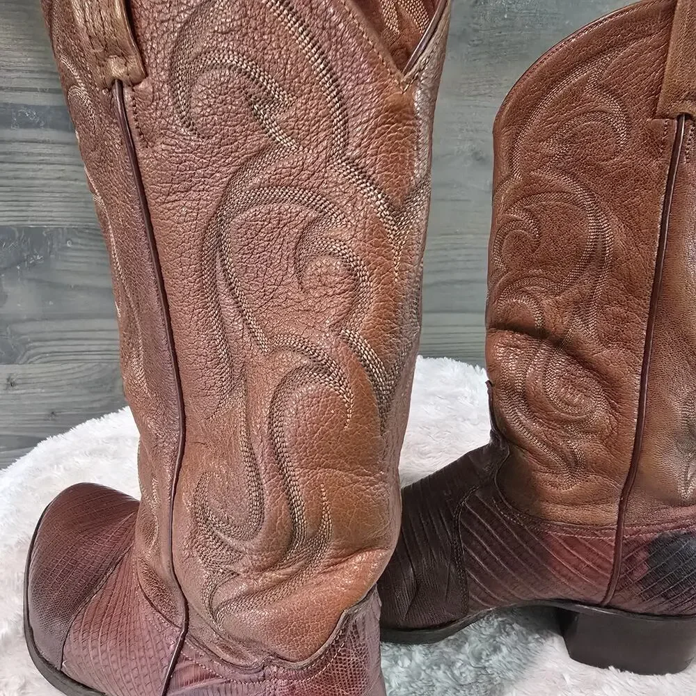 Vintage Tony Lama Brown Stitched Teju Lizard Leather Western Boots MENS SIZE 9